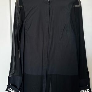 Karl Lagerfeld Black Sheer Button-Down Blouse with Logo Cuffs